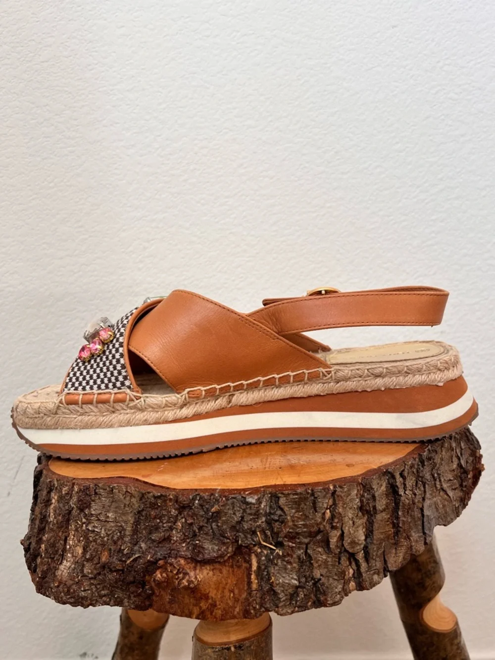 Tory Burch Brown Daisy Crystal Sandals 9.5 M in Desert Camel Open Toe Espadrille - Picture 4 of 9